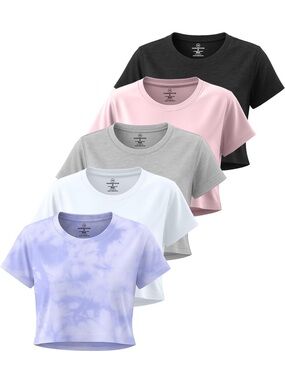 Realessentials 5 Pack Women's Dry Fit Crop Top Workout T Shirts Short Sleeve